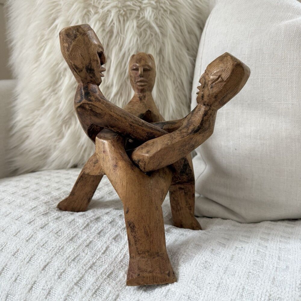 Vintage Wooden Unity Sculpture Interlocking Figures Hand Carved Unique Decor Art